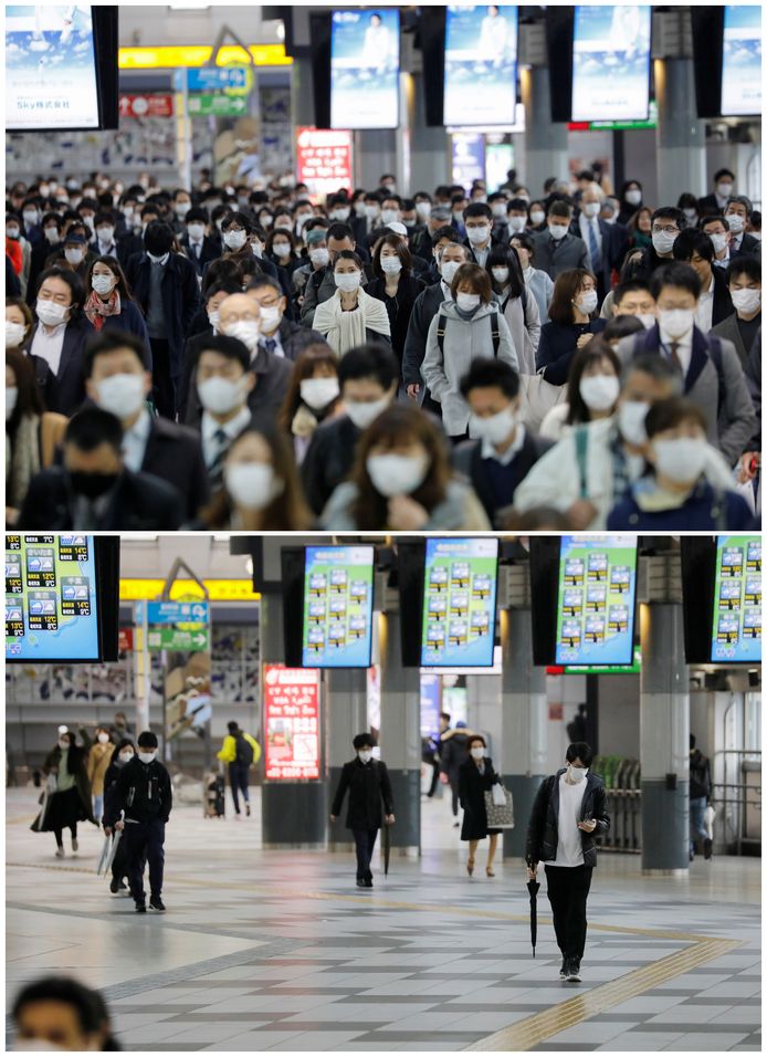 Beeld van het Shinagawastation in Tokio tijdens (bovenaan) en na het spitsuur. Er reizen nu veel minder mensen met het openbaar vervoer dan gebruikelijk.