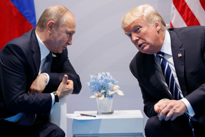 De Russische president Poetin en de Amerikaanse president Trump tijdens de G20-top in Hamburg in juli vorig jaar.