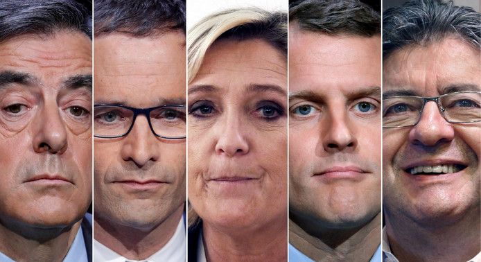 Van links naar rechts: Francois Fillon, Benoit Hamon, Marine Le Pen, Emmanuel Macron en Jean-Luc Melenchon