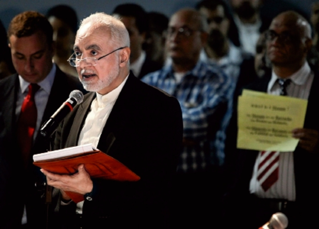 Ook eind mei kwam het al tot protesten tegen de voorgestelde bouw van het islamitisch centrum, waarbij imam Feisal Abdul Rauf, betrokken bij het Cordoba-initiatief, werd uitgejouwd. (FOTO AP) Beeld 