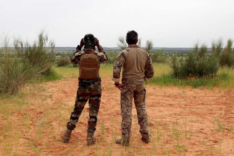 Een Malinese militair samen met een lid van de taakgroep Takuba in augustus 2021 op patrouille bij de grens met Niger. Beeld Reuters