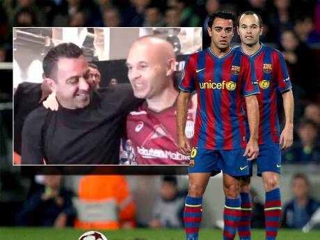 Prachtig weerzien in Japan: Xavi en Andrés Iniesta vallen elkaar voorafgaand aan oefenduel in de armen