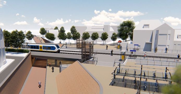 Beelden van de nieuwe spoorzone in Rijen waarbij een tunnel in de Julianastraat onder het spoor is voorzien. Aanzicht vanaf de zuidkant. De perronopgang is via de tunnel, zodat reizigers het spoor niet meer oversteken (archiefbeeld).