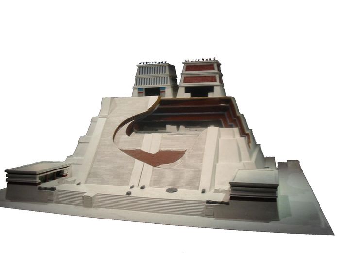 Een simulatie van hoe de Templo Mayor er ooit uit moet hebben gezien.