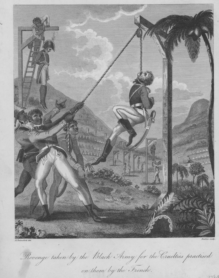 Originele schets van de Britse soldaat Marus Rainsford, die de wraak op de koloniale macht laat zien ten tijde van de Haïtiaanse Revolutie. Beeld Getty Images