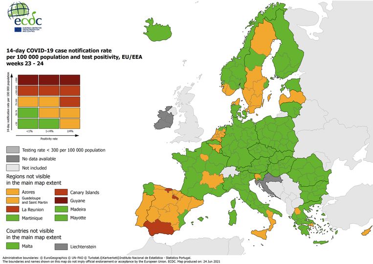 De coronarisico's in Europa met ingang van 24 juni 2021. Beeld ECDC