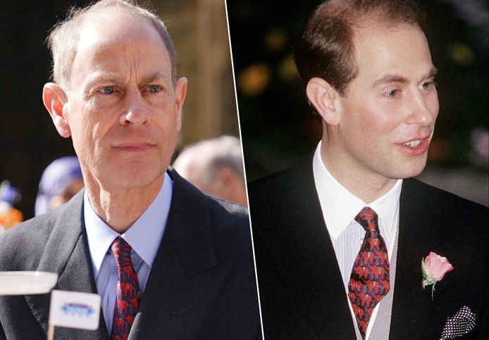 Prince Edward due volte, quasi 30 anni.  A sinistra: a un ricevimento questa settimana.  A destra: a un matrimonio nel 1993.