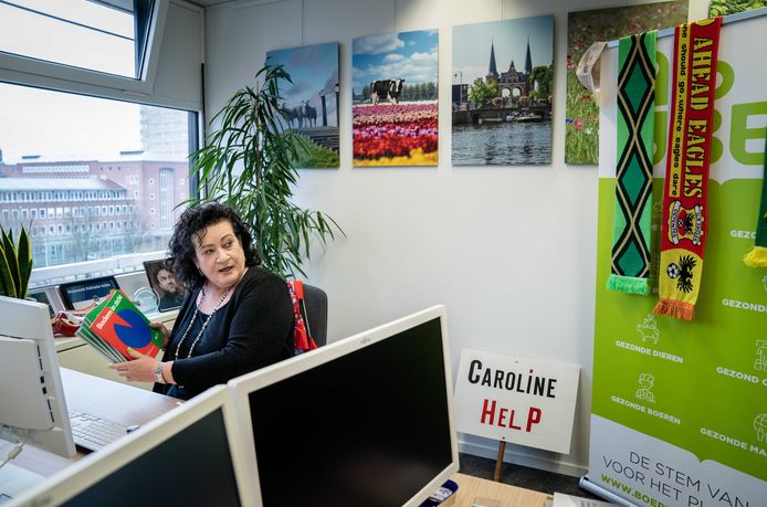 Caroline van der Plas in haar kantoor, waar een sjaal met opdruk van de Achterhoekse vlag hangt.