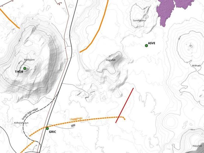 De lavastroom wordt weergegeven op deze kaart van het IJslandse Meteorologische Bureau.