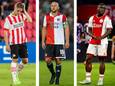Vlnr: Joey Veerman (PSV), Gernot Trauner (Feyenoord) en Brian Brobbey (Ajax).