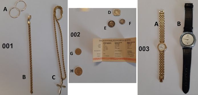 Enkele sieraden, munten en horloges die de politie aantrof bij de zogenoemde 'gaatjesboorder'.  Mogelijk gaat het om gestolen waar. De politie hoopt de eigenaren van de spullen op te sporen.