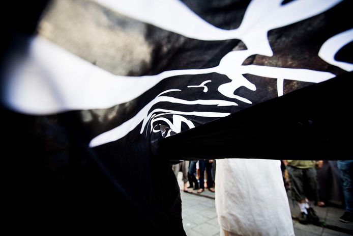 Jihadistische vlaggen bij een  demonstratie in Den Haag.