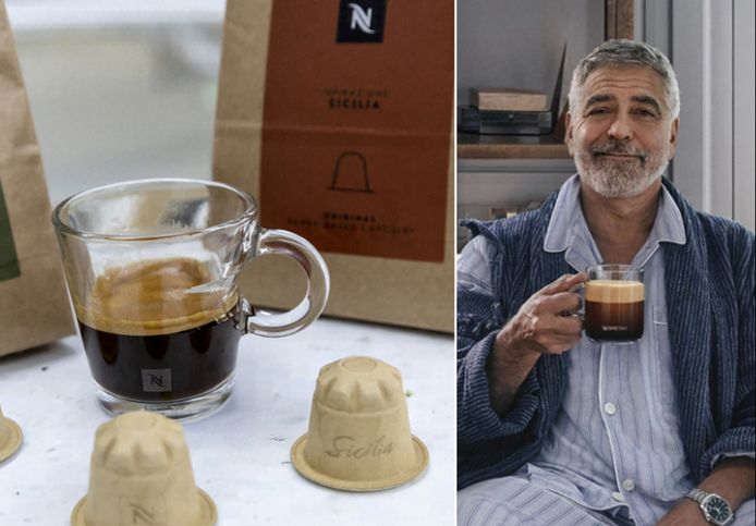 Links: Nespresso lanceert composteerbare papieren koffiecapsules in 2023.
Rechts: George Clooney in een nieuwe campagne voor Nespresso die begin vorige week werd gelanceerd.