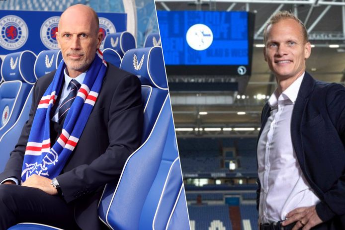 Philippe Clement en Karel Geraerts bij hun voorstelling als nieuwe T1 van respectievelijk Rangers en Schalke 04.