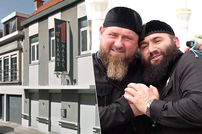 Khuseyn Dzhambetov (rechts) met de Tsjetsjeense leider Ramzan Kadyrov en de Vlaamse slagerij die hij heeft uitgebaat.