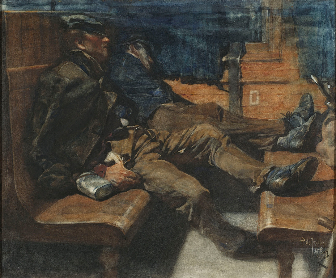 Slapende arbeiders in treincoupé, aquarel, 44,75 x 54,25 cm (uit collectie Museum Helmond).