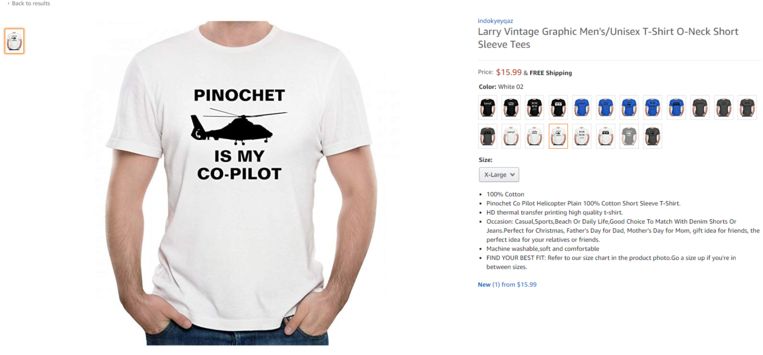 Een T-shirt met een toespeling op het vermoorden van politieke tegenstanders ten tijde van het Pinochet-regime, te koop op Amazon.com. Beeld Screenshot amazon.com