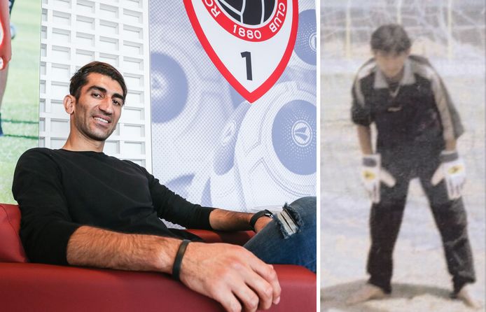 Beiranvand is de nieuwe aanwinst van Antwerp, rechts een foto van hem als tiener blootsvoets op een voetbalveldje in Iran.