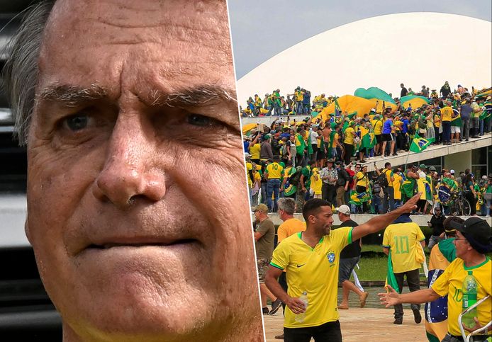 Oud-president Jair Bolsonaro (links) en zijn aanhangers die de overheidsgebouwen in Brasilia bestormden op 8 januari.
