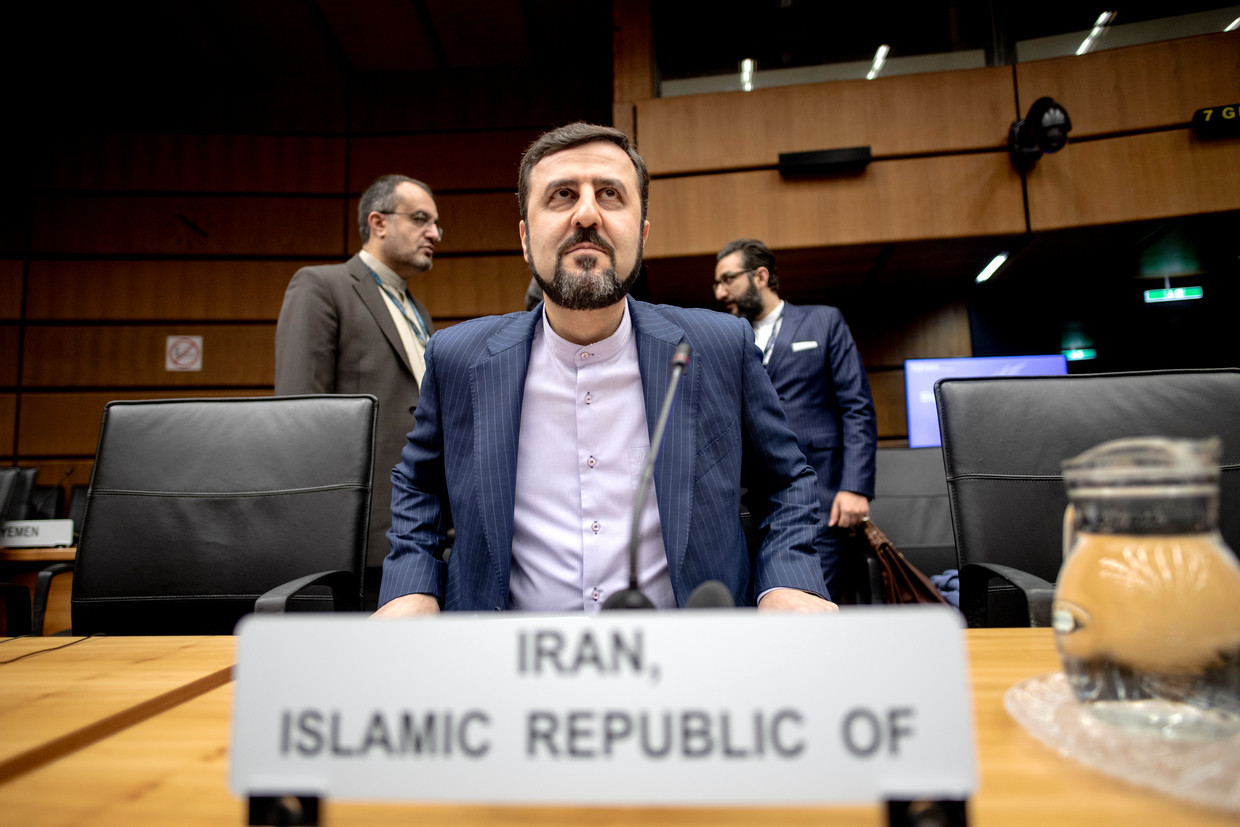 Kazem Gharib Abadi van Iran op een bijeenkomst vandaag van het IAEA 'board of governors’ in Wenen. Beeld EPA