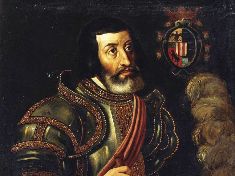 Portret van Hernán Cortés uit Museo del Prado in Madrid (schilder onbekend, omstreeks 1879). Beeld 
