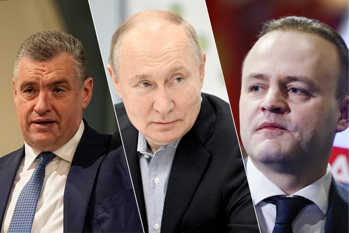 De commissie keurde Leonid Slutsky (links) en Vladislav Davankov (rechts) goed als tegenkandidaten van Poetin (midden).