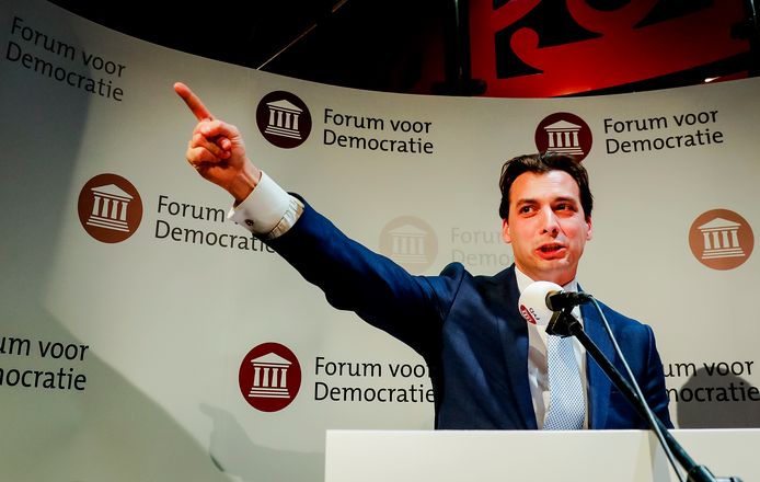 Lijsttrekker Thierry Baudet van Forum voor Democratie (FvD) tijdens de uitslagenavond van de Provinciale Statenverkiezingen en de waterschapsverkiezingen.