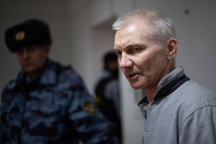 Alexej Moskaljov in een Russische rechtbank op een foto van 27 maart.