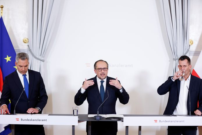 Bondskanselier Alexander Schallenberg, minister van Volksgezondheid Wolfgang Mueckstein en Karl Nehammer.