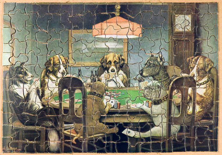 Een puzzel met pokerende honden van de Amerikaanse kunstenaar Cassius Coolidge. Beeld Coll. G. Bekkering/foto Hans van den Bogaard