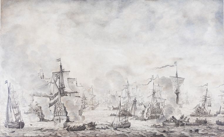 Episode op de slag bij de Sont, circa 1660. Schilder Willem van de Velde de Oude vaart helemaal links op zijn galjoot. Beeld Het scheepsvaartmuseum