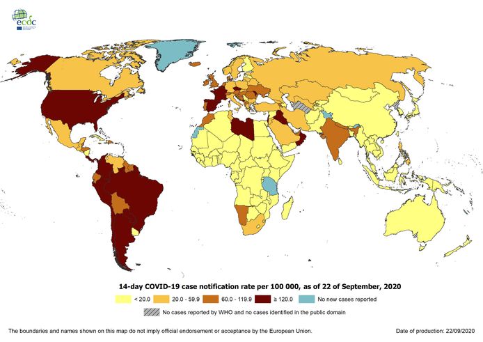 De nieuwe coronakaart van het ECDC.