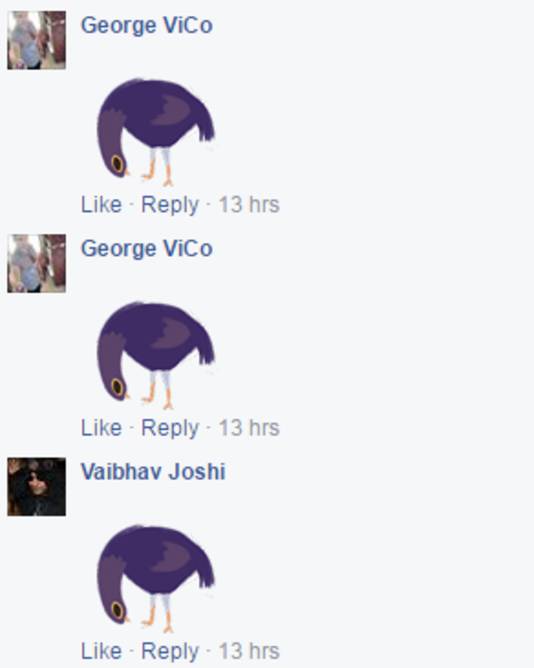 De paarse, headbangende duif verschijnt de laatste tijd steeds vaker in reacties onder Facebookberichten.
