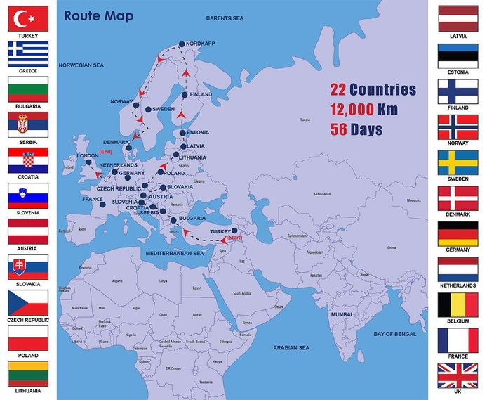 De route die de bus zal maken doorheen 22 landen.
