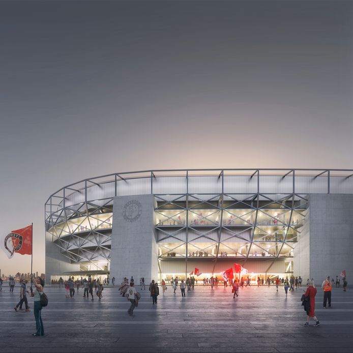 Gloednieuwe impressie van het exterieur van het nieuwe Feyenoordstadion.