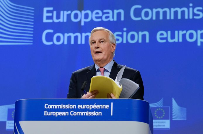 Michel Barnier bij de voorstelling van de ontwerptekst vanmorgen.