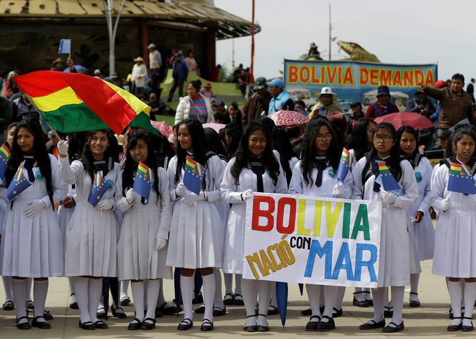 Boliviaanse scholieren houden een bordje vast met de woorden 'Bolivia werd met zee geboren'.