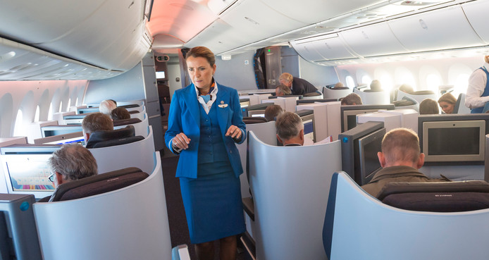 De businessclass in een KLM-vliegtuig.