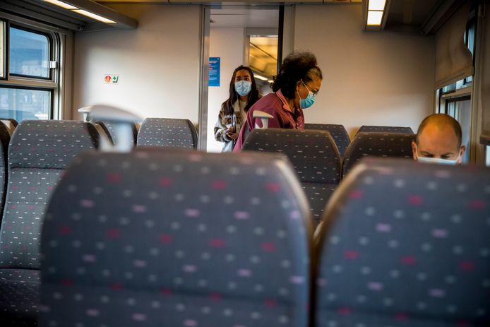 Mensen met mondkapjes op de trein.