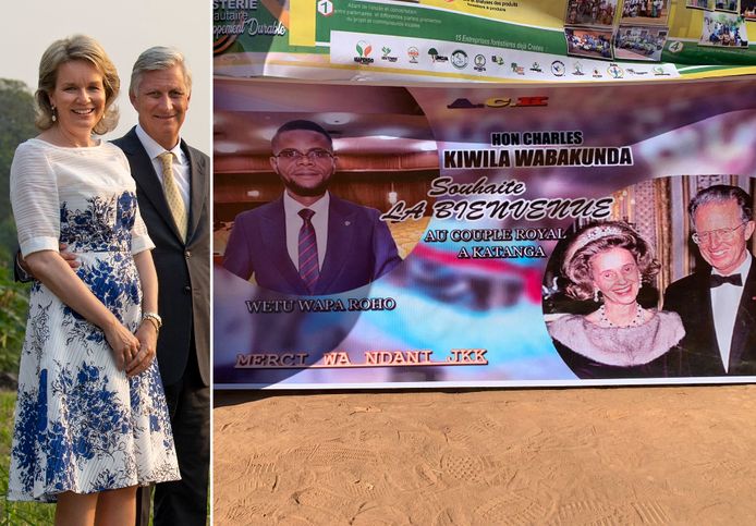 Koningin Mathilde en koning Filip werden met een wel heel bijzonder spandoek welkom geheten in Katanga Village