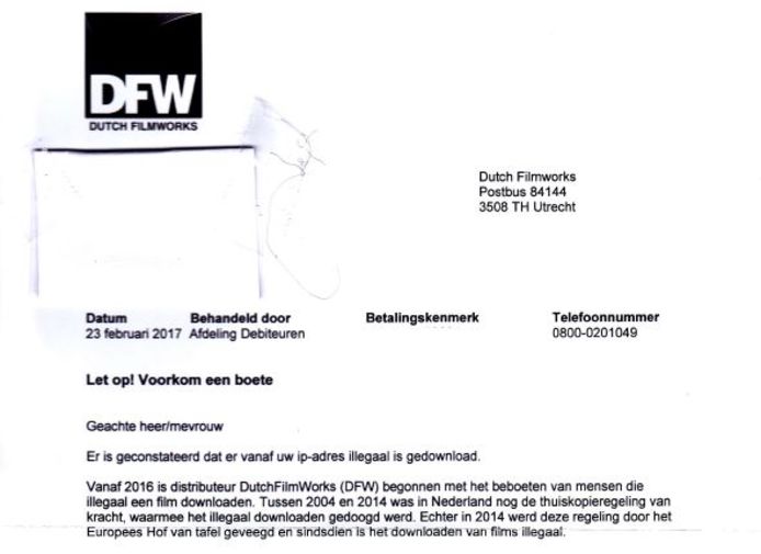 Nepbrief van oplichters uit naam van filmdistributeur Dutch FilmWorks (DFW). De Fraudehelpdesk waarschuwde ervoor.