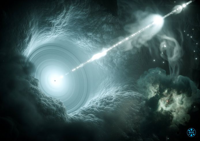 Deze illustratie laat zien hoe het deeltje wordt weggeslingerd door een enorm zwart gat op vier miljard lichtjaar afstand.