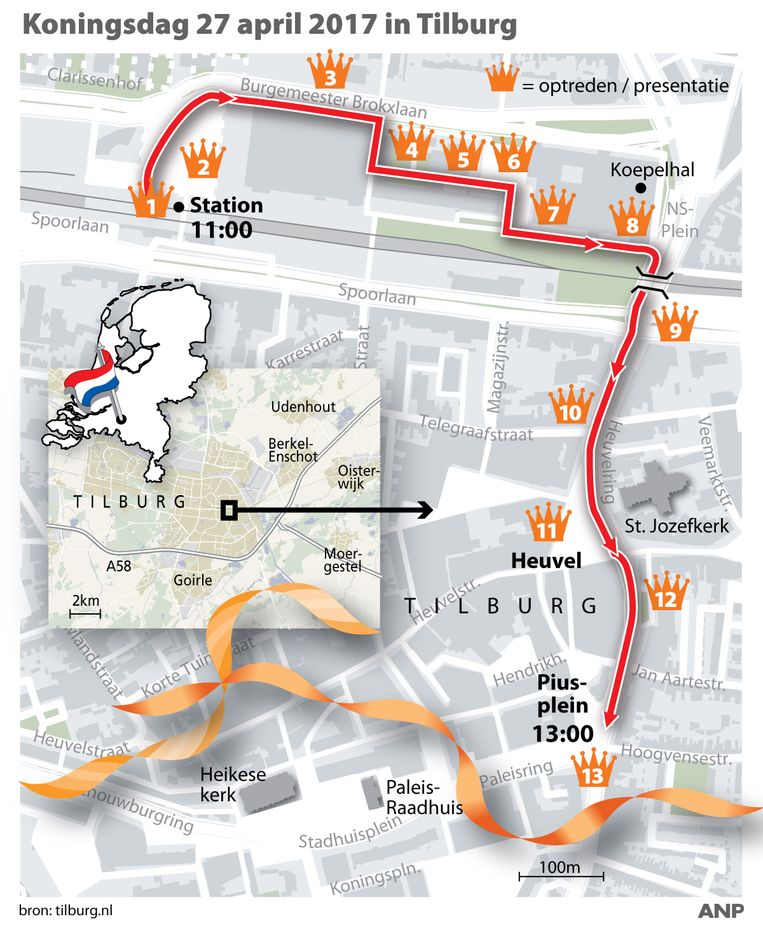 De route die het koninklijke gezelschap aflegt in Tilburg. Beeld ANP