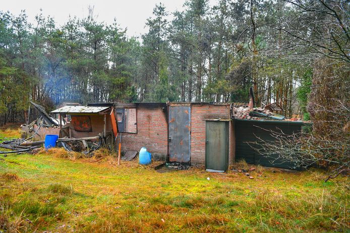 De spottershut die door brand zwaar beschadigd werd in de bossen van Luyksgestel en waar een lichaam is aangetroffen.