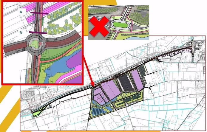 De turborotonde met fietstunnel (inzet linksboven) op de noordwesthoek van Heesch West vervangt het eerdere plan met een langgerekt verkeersplein (inzet midden boven).