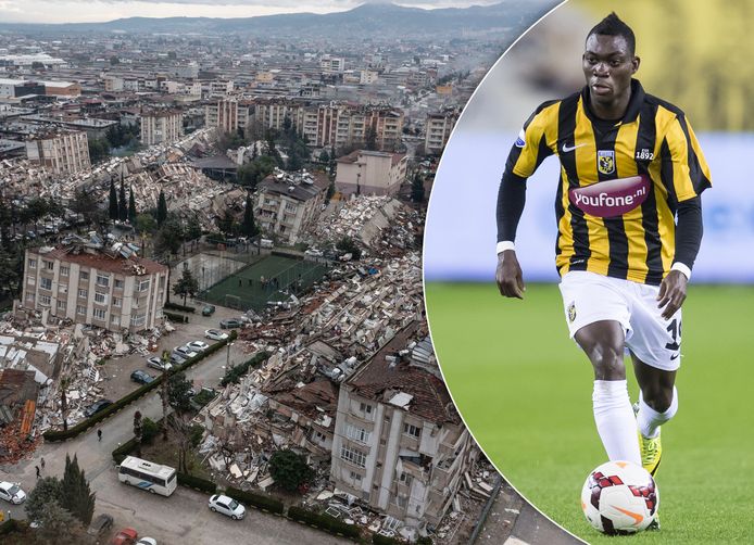 De stad Hatay na de aardbeving, rechts: Christian Atsu als speler van Vitesse in 2014.