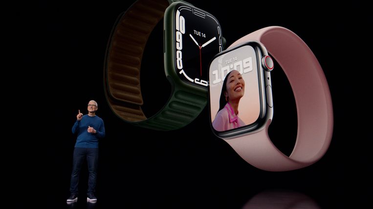 Tim Cook presenteert de Apple Watch 7 Beeld Apple
