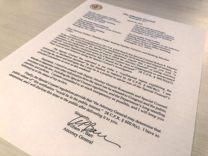 Een brief van justitieminister William Barr waarin hij bekend maakt het rapport te hebben ontvangen.
