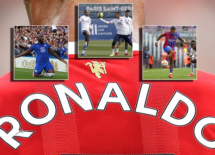De rug van Ronaldo. Inzetjes: Romelu Lukau, de drie van PSG en Memphis.