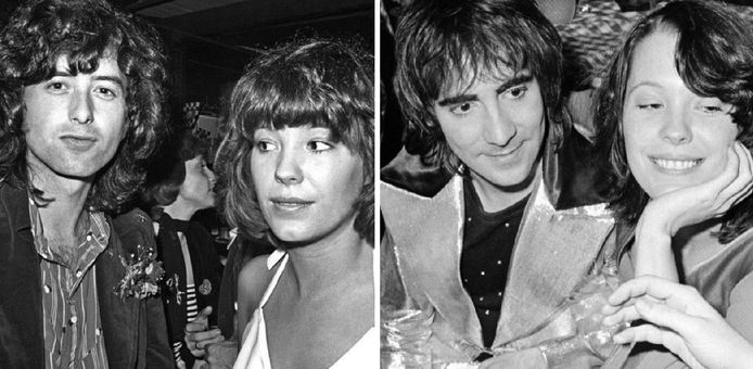 Pamela Des Barres naast Jimmy Page (l) en Keith Moon (r).